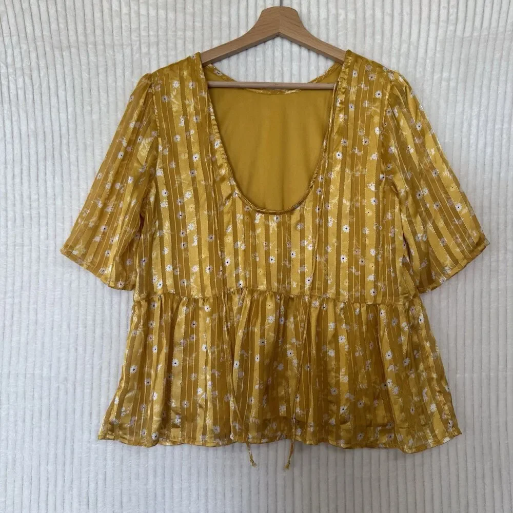 ICHI Peplum Floral Striped Short Sleeve Blouse Size Small Boho